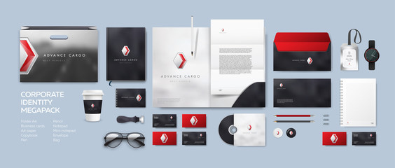 Corporate style design template. Modern premium identity for transport or delivery company. Geometrical metal logo with red glass and black marble background. Large stationery set for presentation.