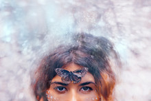 Beautiful Young Woman With Butterfly. Conceptual. Double Exposure