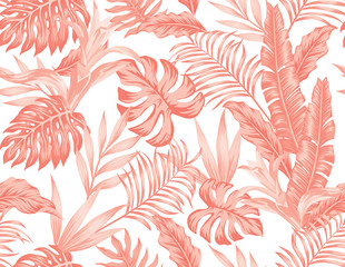 Wall Mural - Living coral tropical leaves flowers seamless white background