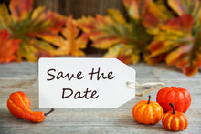 White Label With English Text Save The Date. Wooden Background With Autumn Decoration Like Pumpkin And Leaves