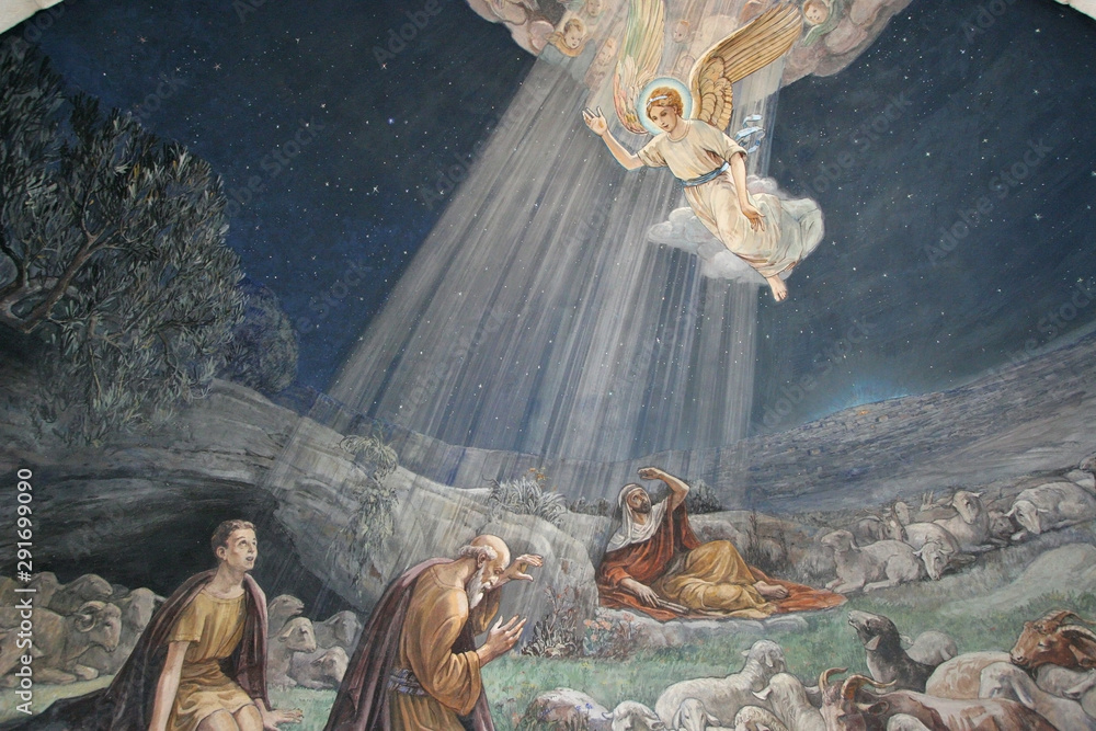 Angel of the Lord visited the shepherds and informed them of Jesus' birth, Church at the Shepherds' Fields,  Bethlehem - obrazy, fototapety, plakaty 