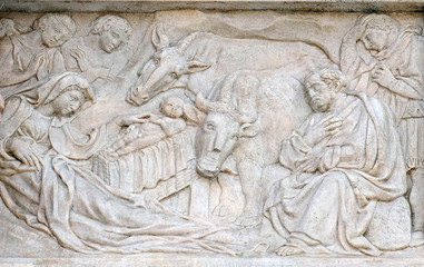 Wall Mural - Nativity Scene, Adoration of the Shepherds, relief on portal of Saint Petronius Basilica in Bologna, Italy