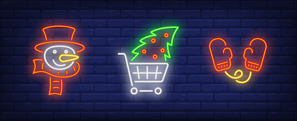 Wall Mural - Xmas symbol in neon style collection
