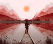 Mountain landscape illustration, with setting sun and mist in valley. Fisherman on jetty
