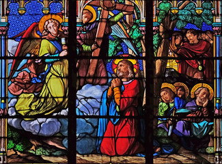 Jesus and his disciples on Mount of Olives, stained glass windows in the Saint Eugene - Saint Cecilia Church, Paris, France 