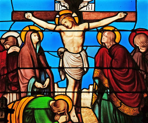 Wall Mural - 12th Stations of the Cross, Jesus dies on the cross, stained glass windows in the Saint Eugene - Saint Cecilia Church, Paris, France 