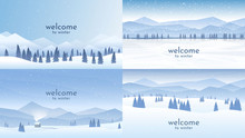 Vector Illustration. Flat Winter Landscape. Simple Snowy Backgrounds. Snowdrifts. Snowfall. Clear Blue Sky. Blizzard. Snowy Weather. Cold Season. Panoramic Wallpapers. Set Of Backgrounds.