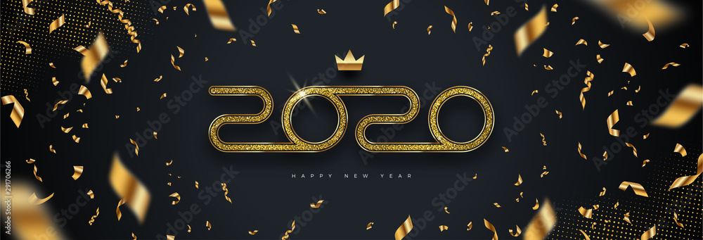 2020 new year logo. Greeting design with number of year and golden confetti on a black background. Design for greeting card, invitation, calendar, etc. - obrazy, fototapety, plakaty 