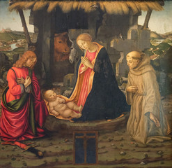 Wall Mural - Nativity Scene with saints Julian and Francis, School of the Domenico Ghirlandaio in the Basilica di San Lorenzo in Florence, Italy