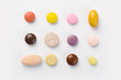 Assorted pharmaceutical medicine pills, tablets and capsules.Pills background. Heap of assorted various medicine tablets and pills white colors on white background. Health care.Top view.Copy space