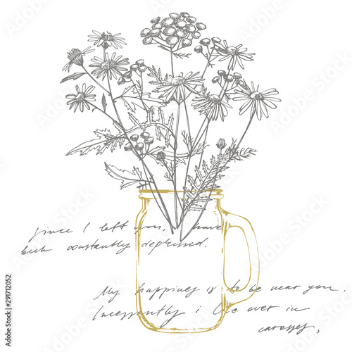 Bouquet of hand drawn flowers and herbs. Botanical plant illustration. Vintag...