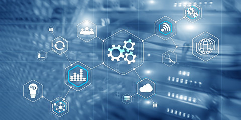 Cogwheel Gears abstract background business technology automation industry 4.0 concept of blurred modern city background.