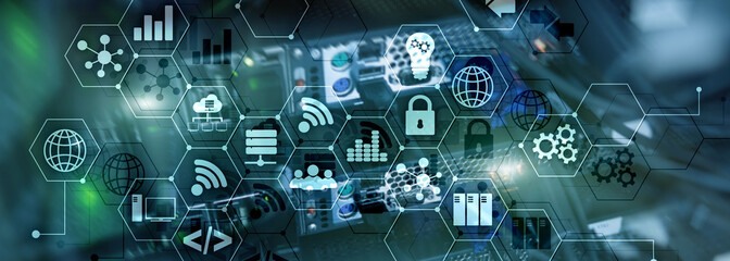 Wall Mural - ICT - information and telecommunication technology and IOT - internet of things concepts. Diagrams with icons on server room backgrounds