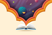 Paper Art Of Open Book And Explore To Outer Space.Concept Of Learning And Education.Vector Illustration.