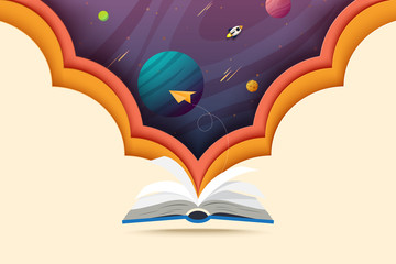 paper art of open book and explore to outer space.concept of learning and education.vector illustrat