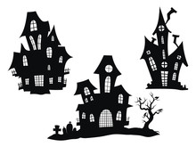 Set Of Haunted Houses For Halloween. Collection Of Castles With Monsters. Black House Sieves. Vector Illustration For Kids. Tattoo.