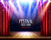 A Theater Stage With A Red Curtain And A Spotlight. Festival Night Show Background. Vector.