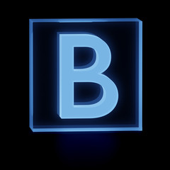 Clear transparent glass or plexiglass display with luminous capital letter B inside on dark background, 3D rendered image