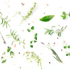 Wall Mural - Culinary herbs and spices, overhead square shot on a white background, cooking pattern