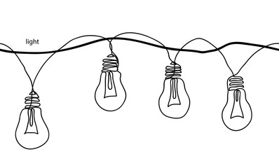 Lamps, festoon, garland, glowing light vector seamless border. One continuous line drawing lamp garland for celebration, festival, carnival, xmas, new year banner, background.