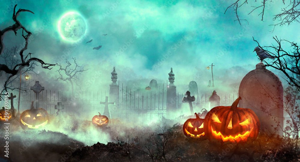 Halloween pumpkins on the graveyard - obrazy, fototapety, plakaty 