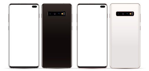 Wall Mural - new modern frameless smartphones in black and white with blank screens and backs with cameras, isola