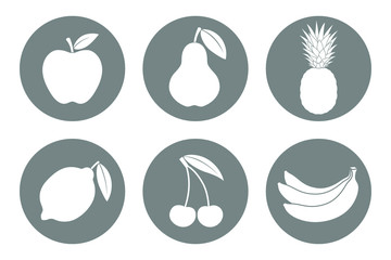 Canvas Print - Fruits icons set. Fruits signs in the circle isolated on white background. Symbols: apple, pear, pineapple, lemon, cherry, banana. Vector illustration