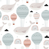 Seamless childish pattern with sleeping whales hot air balloons. Creative kids hand drawn texture for fabric, wrapping, textile, wallpaper, apparel. Vector illustration