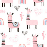 Seamless pattern with llama princess hearts, cactus and hand drawn elements. Creative childish texture. Great for fabric, textile Vector Illustration