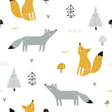 Seamless Forest Pattern With Foxes, Trees, Mushrooms. Creative Minimalistic Kids For Fabric, Wrapping, Textile, Wallpaper, Apparel. Vector Illustration