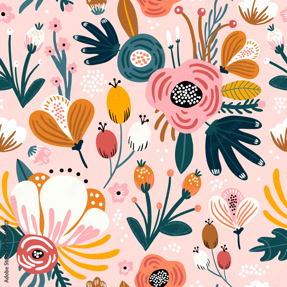 Seamless pattern with flowers, berries and leaves. Creative floral texture. Great for fabric, textile Vector Illustration - obrazy, fototapety, plakaty 