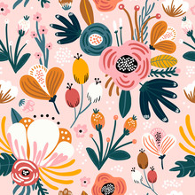 Seamless Pattern With Flowers, Berries And Leaves. Creative Floral Texture. Great For Fabric, Textile Vector Illustration