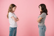 © LIGHTFIELD STUDIOS - attractive and serious women in t-shirts with crossed arms looking at each other isolated on pink