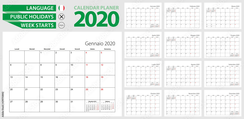 Italian calendar planner for 2020. Italian language, week starts from