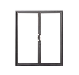Real modern black store front double glass door window frame isolated on white background