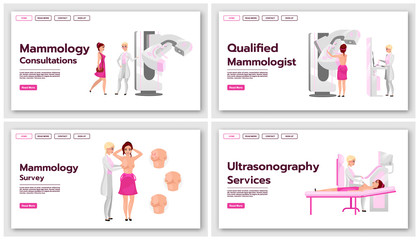 Wall Mural - Mammography landing page vector templates set. Screening tests for breast cancer website interface idea with flat illustrations. Medical ultrasonography homepage layout. Web banner, webpage concept
