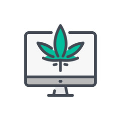 Wall Mural - Online order of cannabis color line icon. Computer with marijuana leaf vector outline colorful sign.