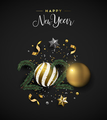 Happy New Year 2020 card of gold 3d xmas ornament