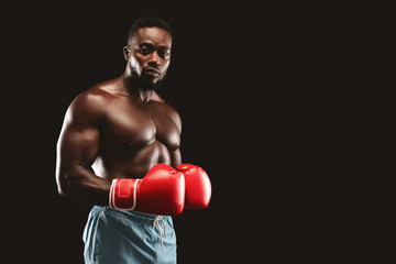 Wall Mural - Athletic fighter with red gloves on posing over black background