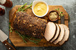 Roasted pork loin with a spicy rub and mustard sauce