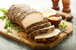 Roasted pork loin with a spicy rub and mustard sauce