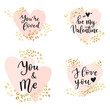 I love yoy, Be me Vlentine quotes. Abstract geometric vector background, brush paint illustration, frame, element, shape set. Pink ink brush stroke with rich golden exotic leopard animal skin texture