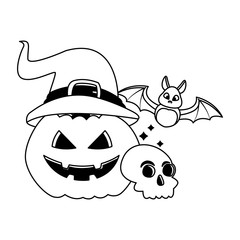 Canvas Print - halloween pumpkin with witch hat and bat flying