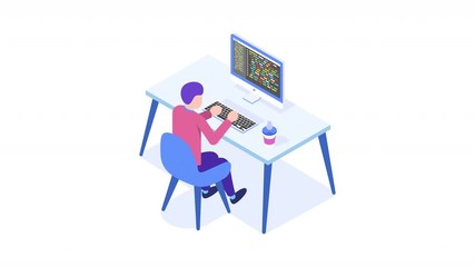 Programming concept, web engineer at work. Man working on desktop computer.