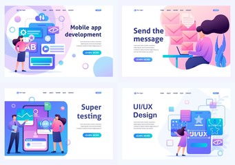 Wall Mural - set flat 2d concepts mobile app, ui ux design, super testing, send message. for landing page concept