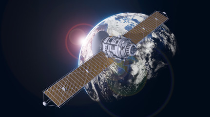 Wall Mural - Space satellite communication in orbit around Earth. 3d render orbital sputnik illustration. Elements of this image are furnished by NASA.
