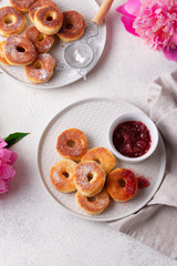 Homemade donuts with rose jam