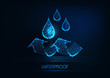 Futuristic waterproofing concept. Glowing low poly water drops and arrows on dark blue background.