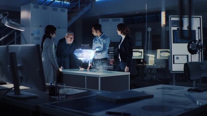 Poster - Civil Engineers Makes a Presentation of a Holographic Augmented Reality 3D wind Turbine Model. Technologically Advanced Office Professional People Use Virtual Reality Modeling Software Application.