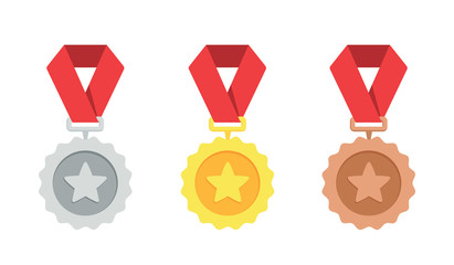 Wall Mural - gold, silver, bronze medal. 1st, 2nd and 3rd places. trophy with red ribbon. flat style - stock vect